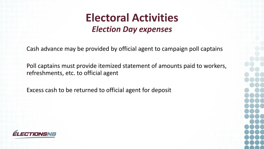 electoral activities election day expenses