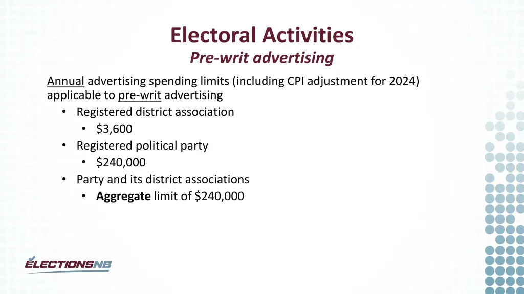 electoral activities pre writ advertising