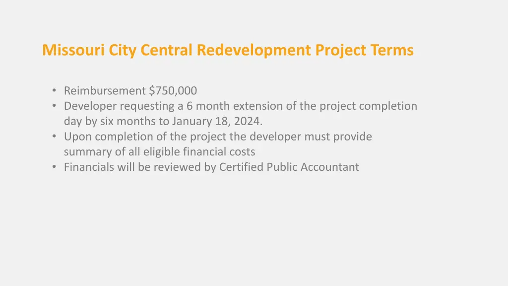 missouri city central redevelopment project terms