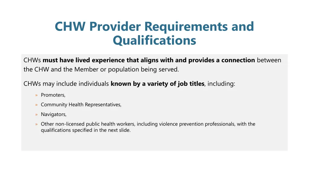 chw provider requirements and qualifications
