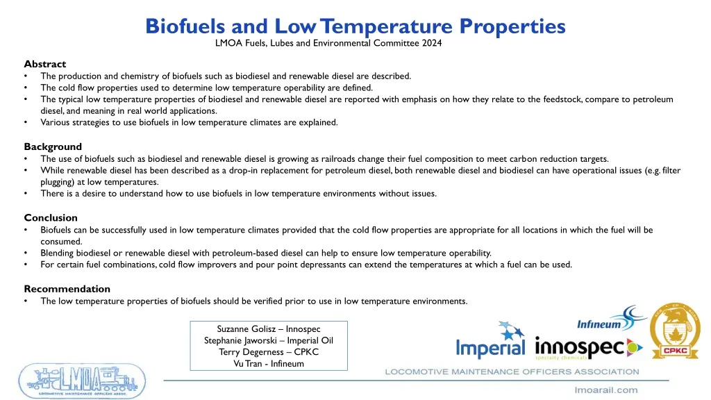 biofuels and low temperature properties lmoa