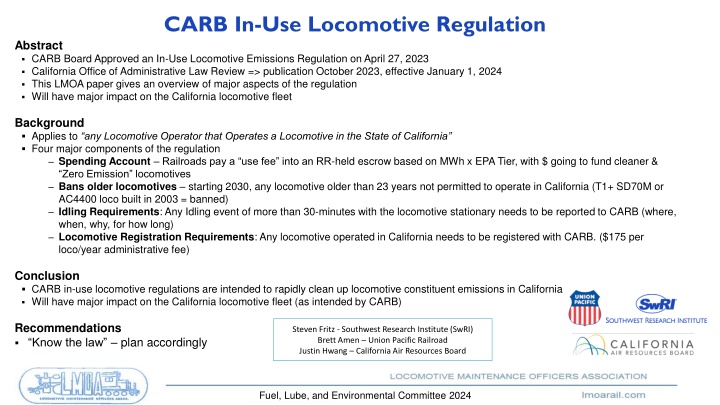 carb in use locomotive regulation