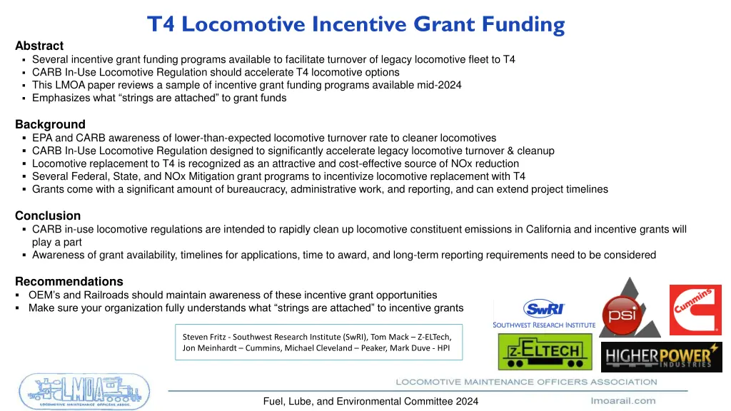 t4 locomotive incentive grant funding