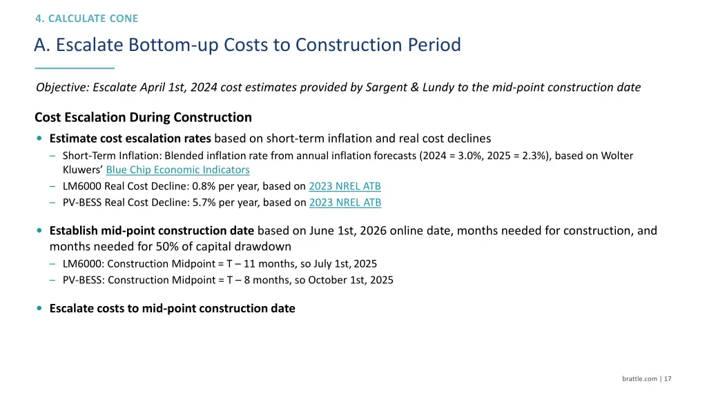 a escalate bottom up costs to construction period