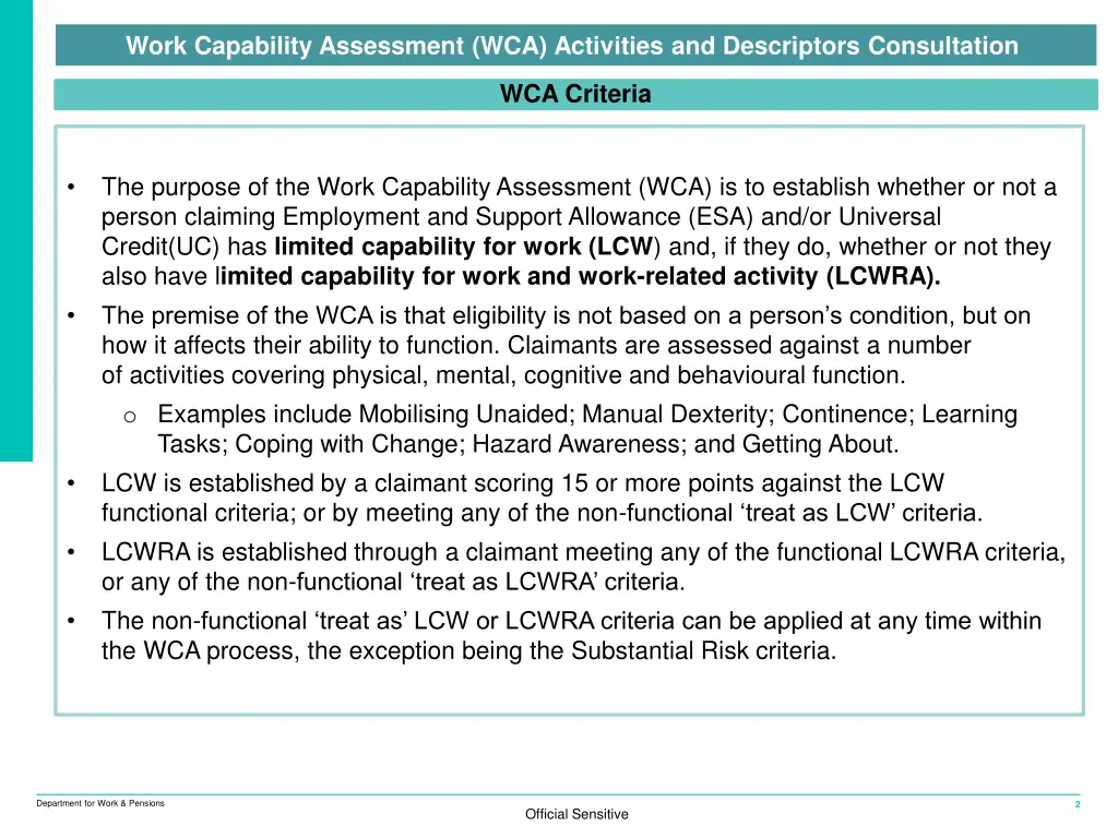 work capability assessment wca activities