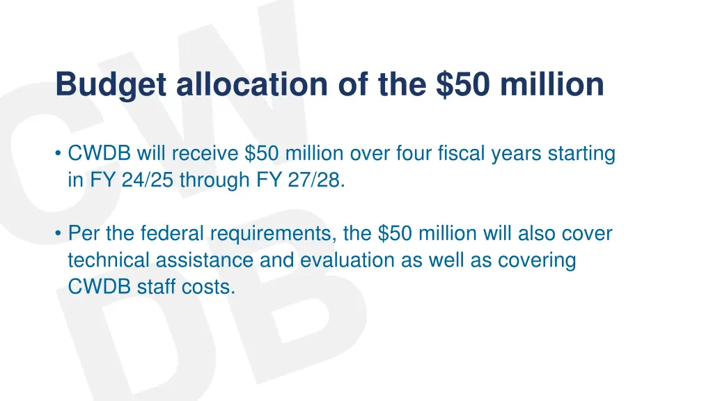 budget allocation of the 50 million