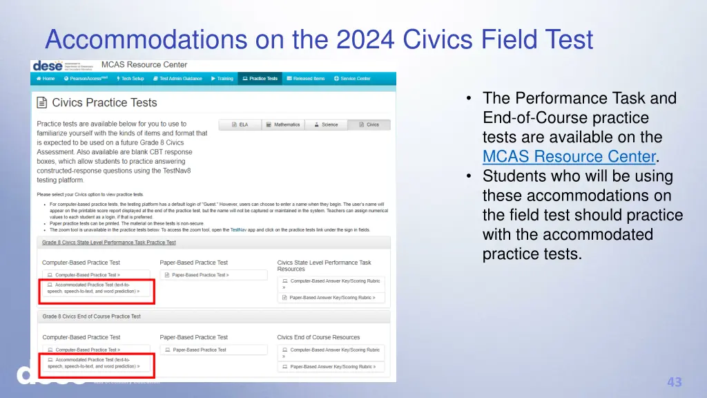 accommodations on the 2024 civics field test