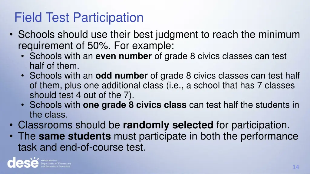 field test participation schools should use their