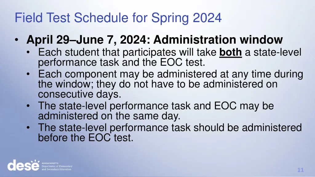 field test schedule for spring 2024