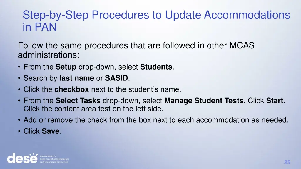 step by step procedures to update accommodations