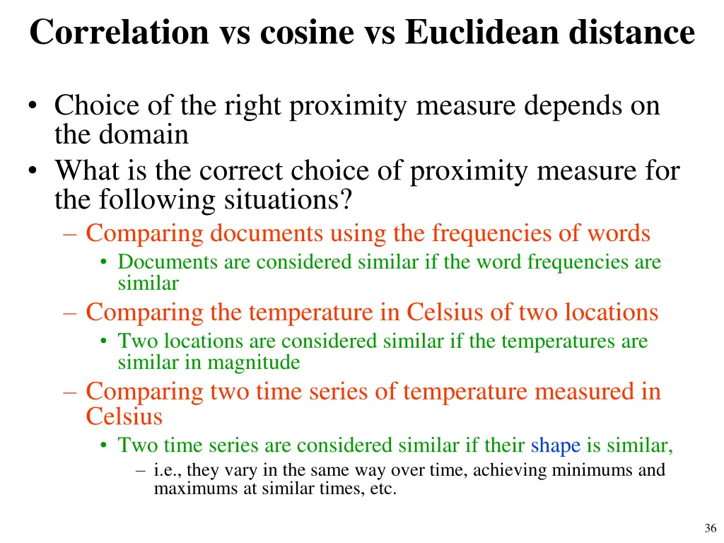 correlation vs cosine vs euclidean distance 1