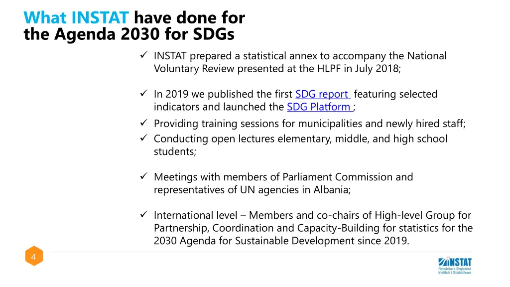 what instat have done for the agenda 2030 for sdgs