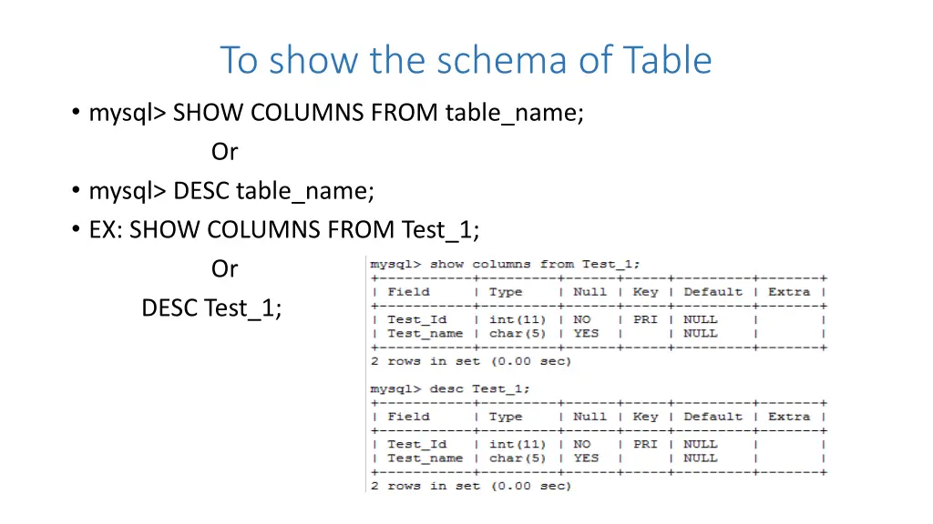 to show the schema of table mysql show columns