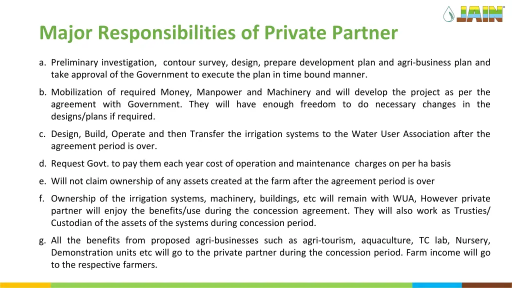 major responsibilities of private partner