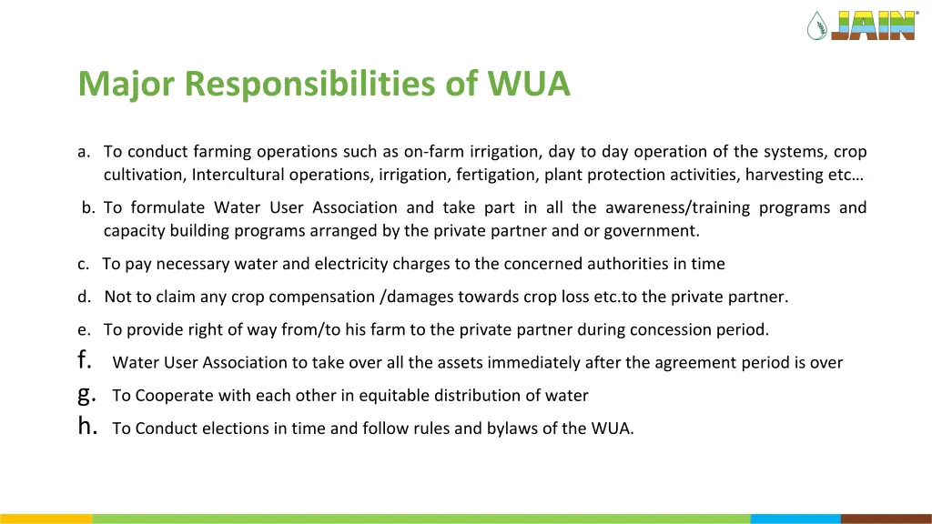 major responsibilities of wua