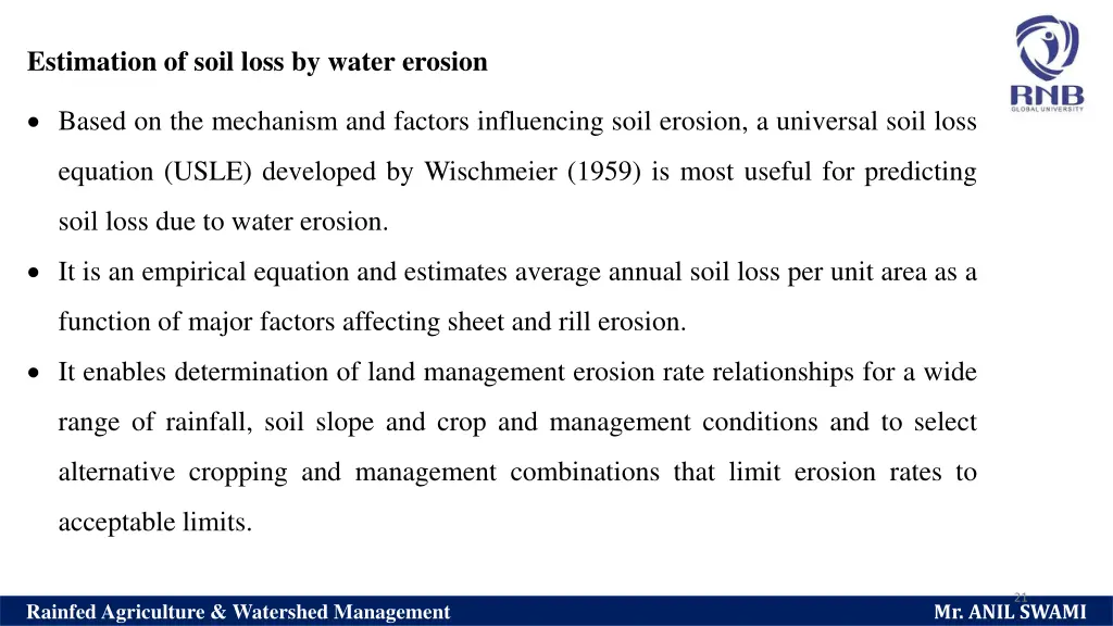 estimation of soil loss by water erosion