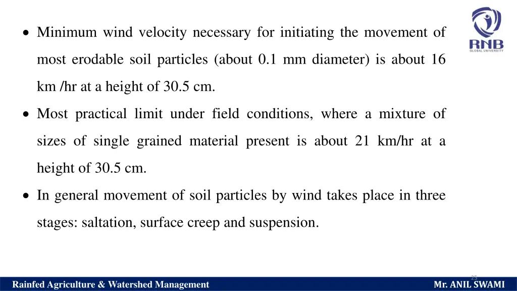 minimum wind velocity necessary for initiating