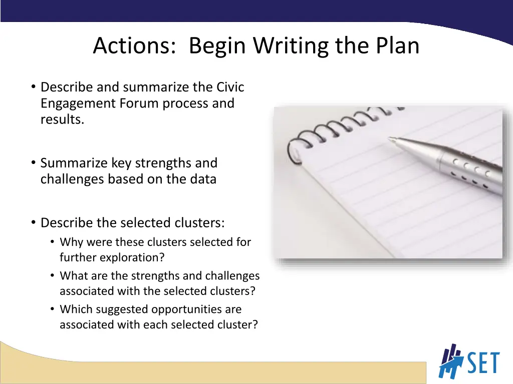 actions begin writing the plan