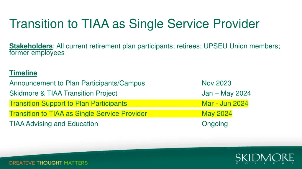 transition to tiaa as single service provider