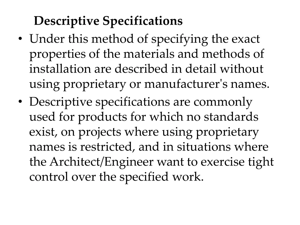 descriptive specifications under this method