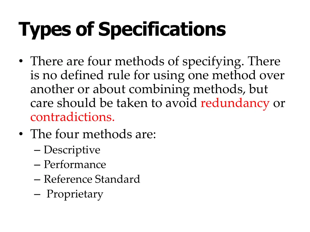 types of specifications