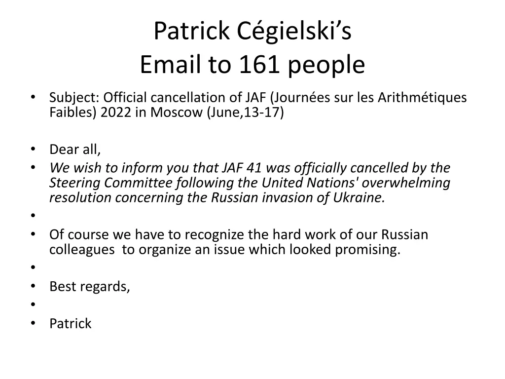 patrick c gielski s email to 161 people