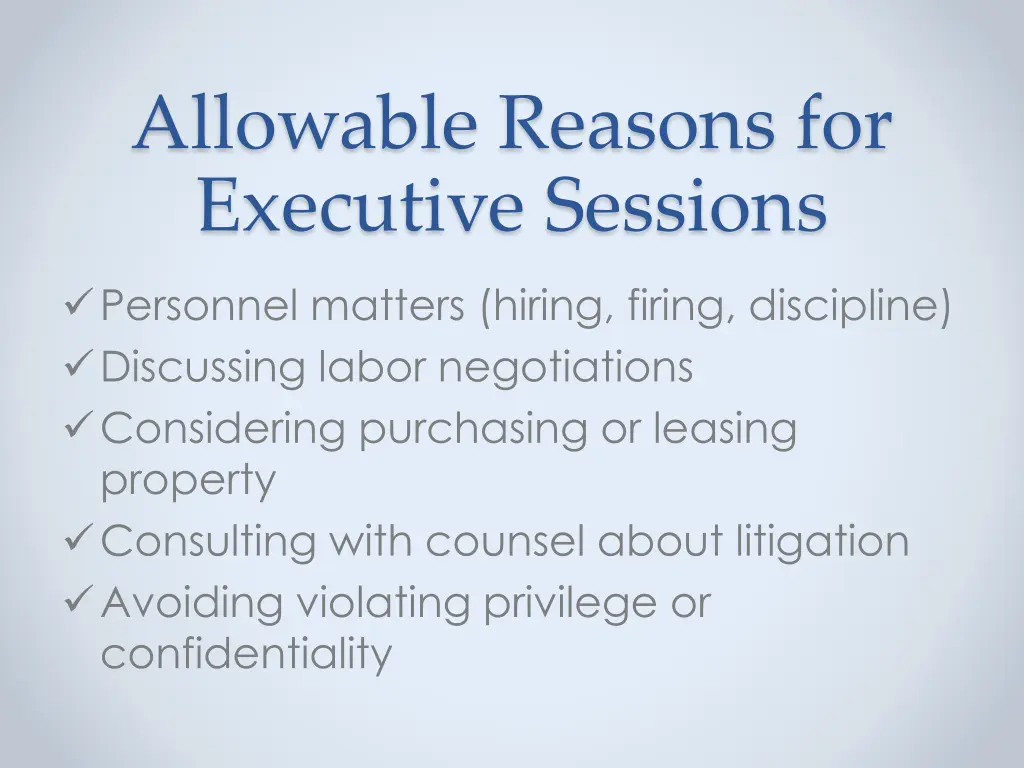 allowable reasons for executive sessions