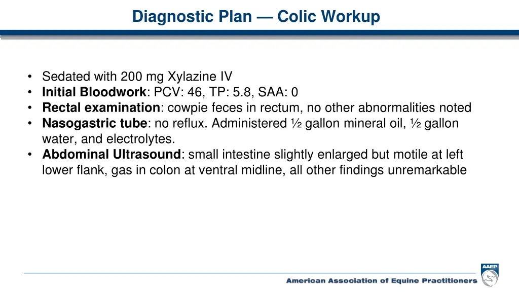 diagnostic plan colic workup