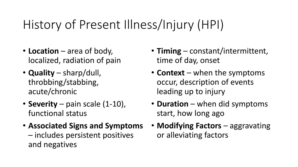 history of present illness injury hpi