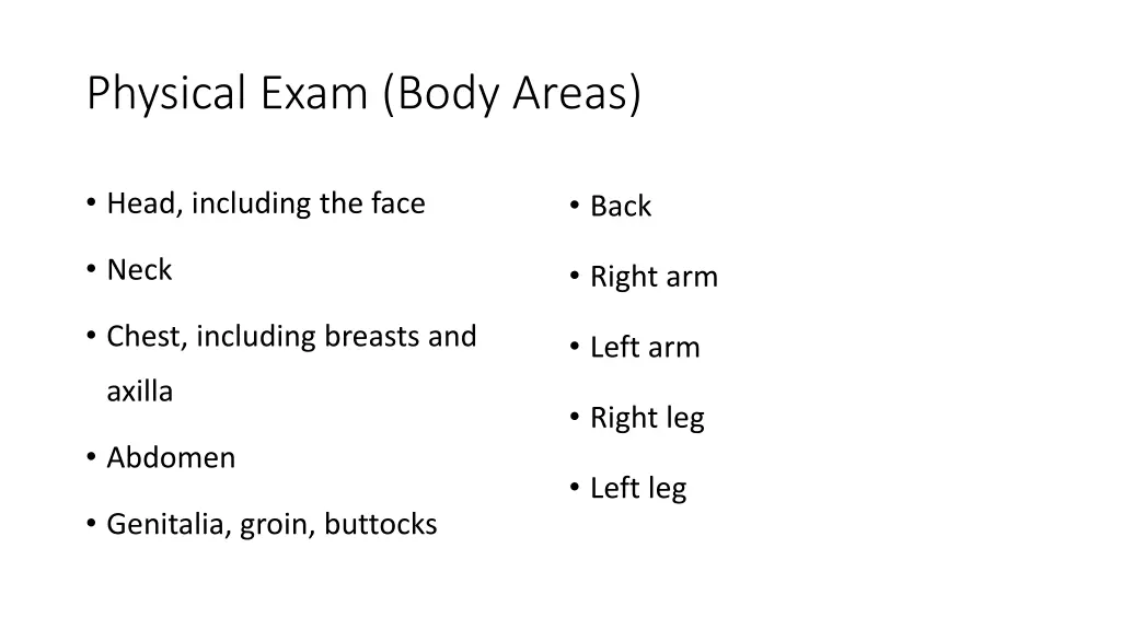 physical exam body areas