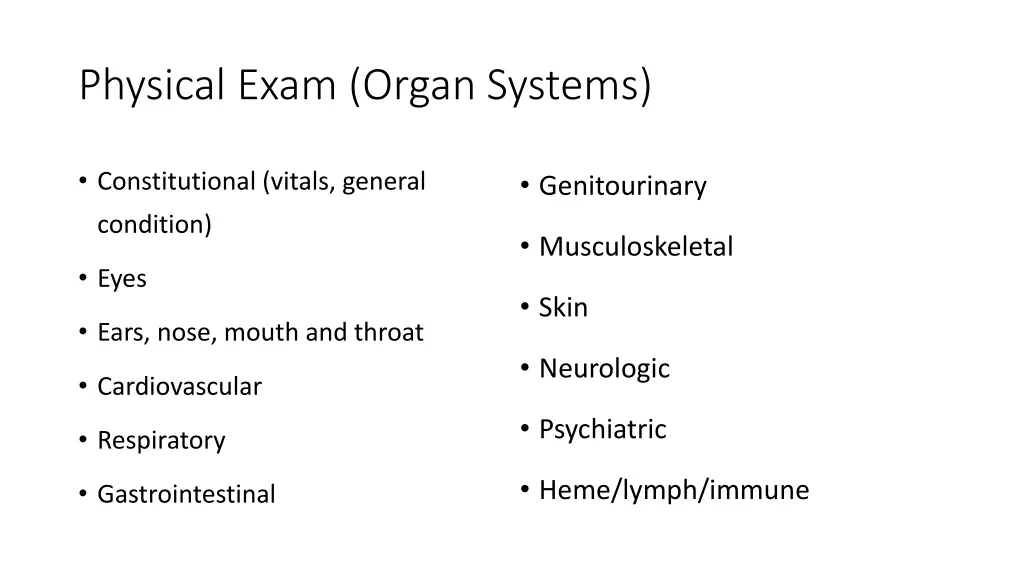 physical exam organ systems