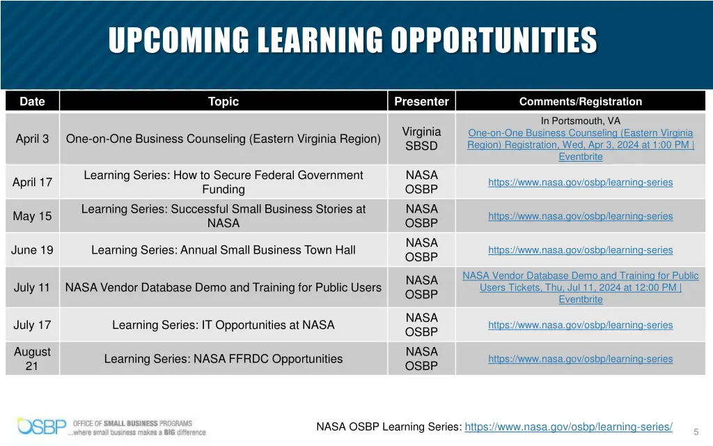 upcoming learning opportunities