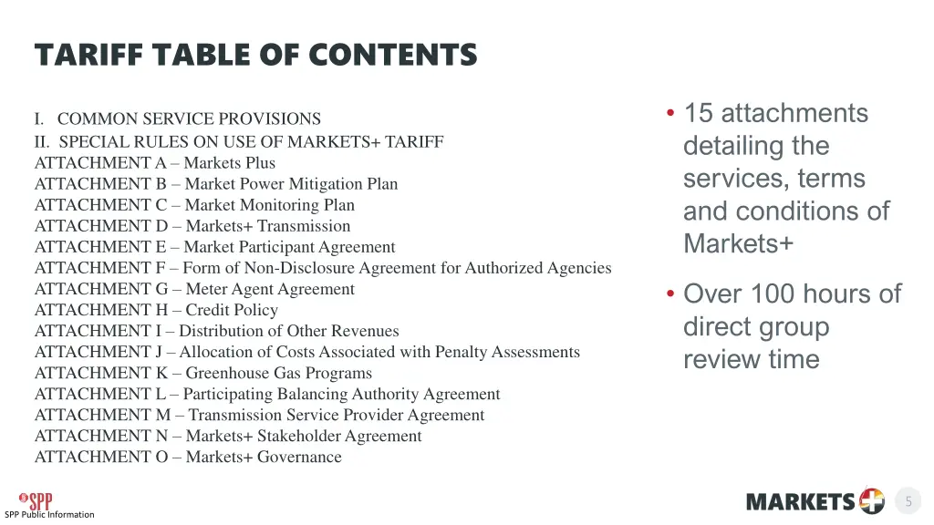 tariff table of contents