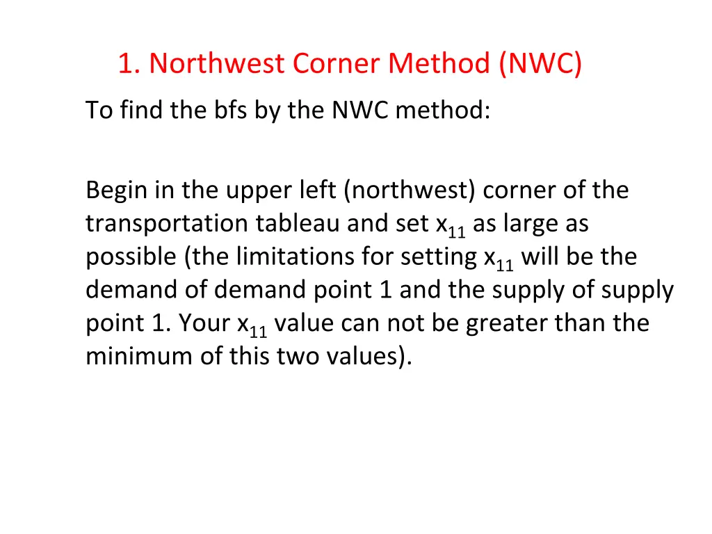 1 northwest corner method nwc