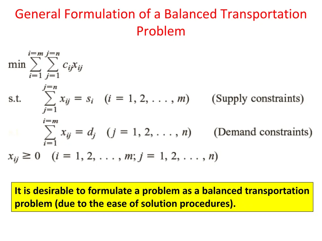 general formulation of a balanced transportation