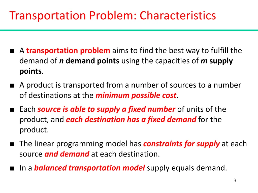 transportation problem characteristics