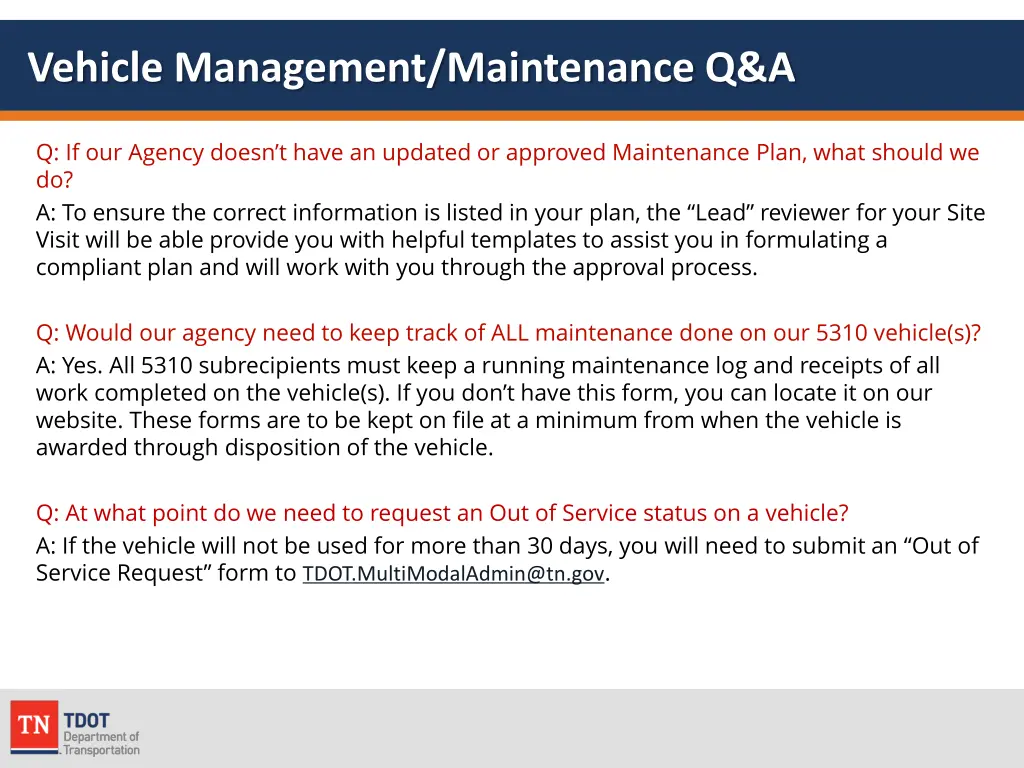 vehicle management maintenance q a