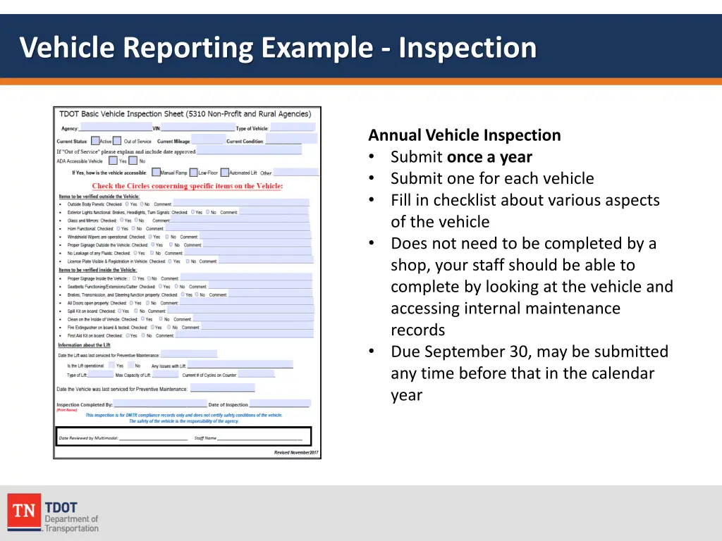 vehicle reporting example inspection