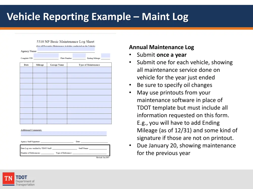 vehicle reporting example maint log