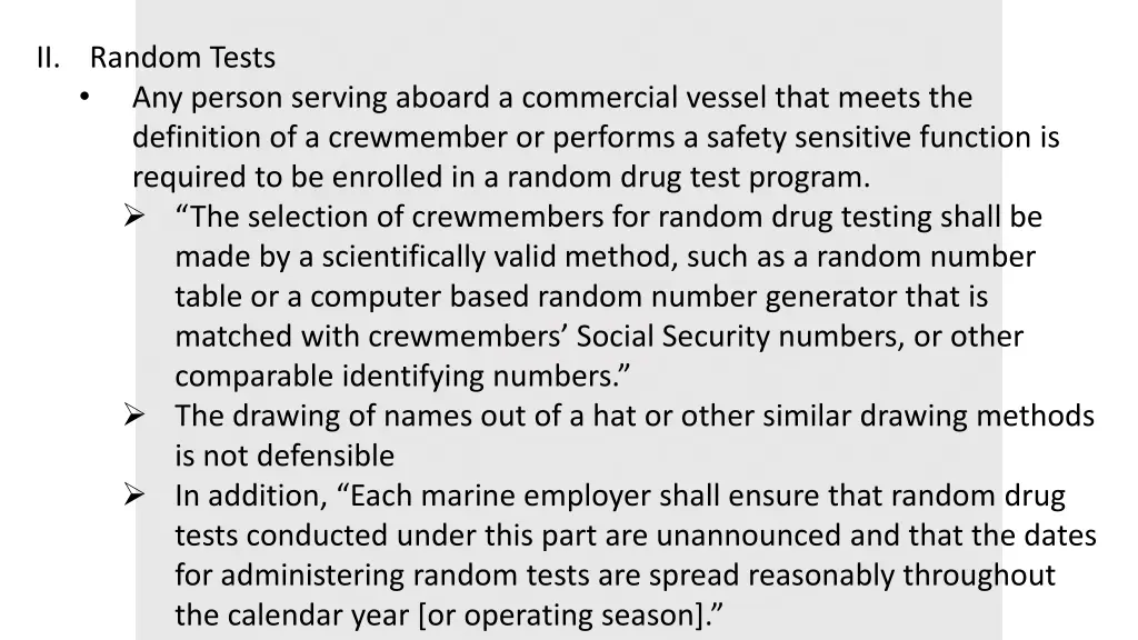 ii random tests any person serving aboard