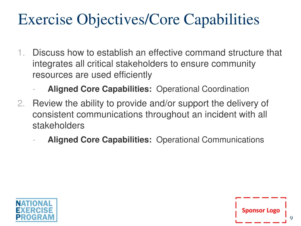 exercise objectives core capabilities