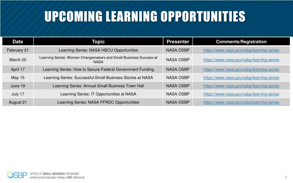 upcoming learning opportunities