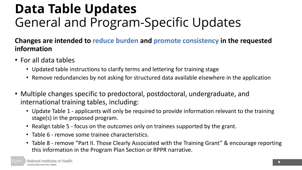 data table updates general and program specific