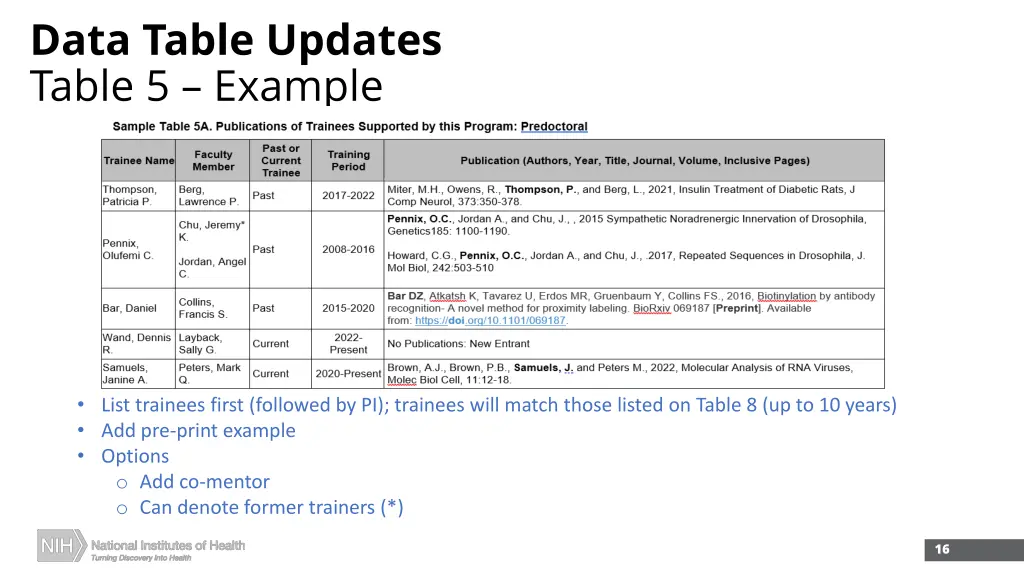 data table updates table 5 example