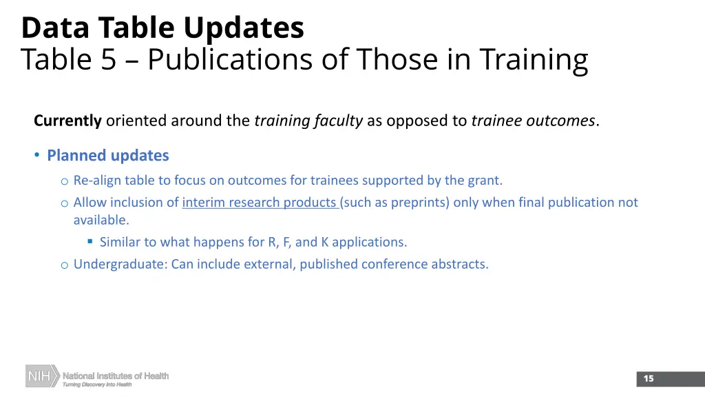 data table updates table 5 publications of those