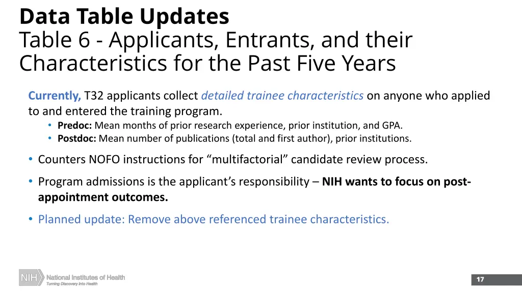 data table updates table 6 applicants entrants