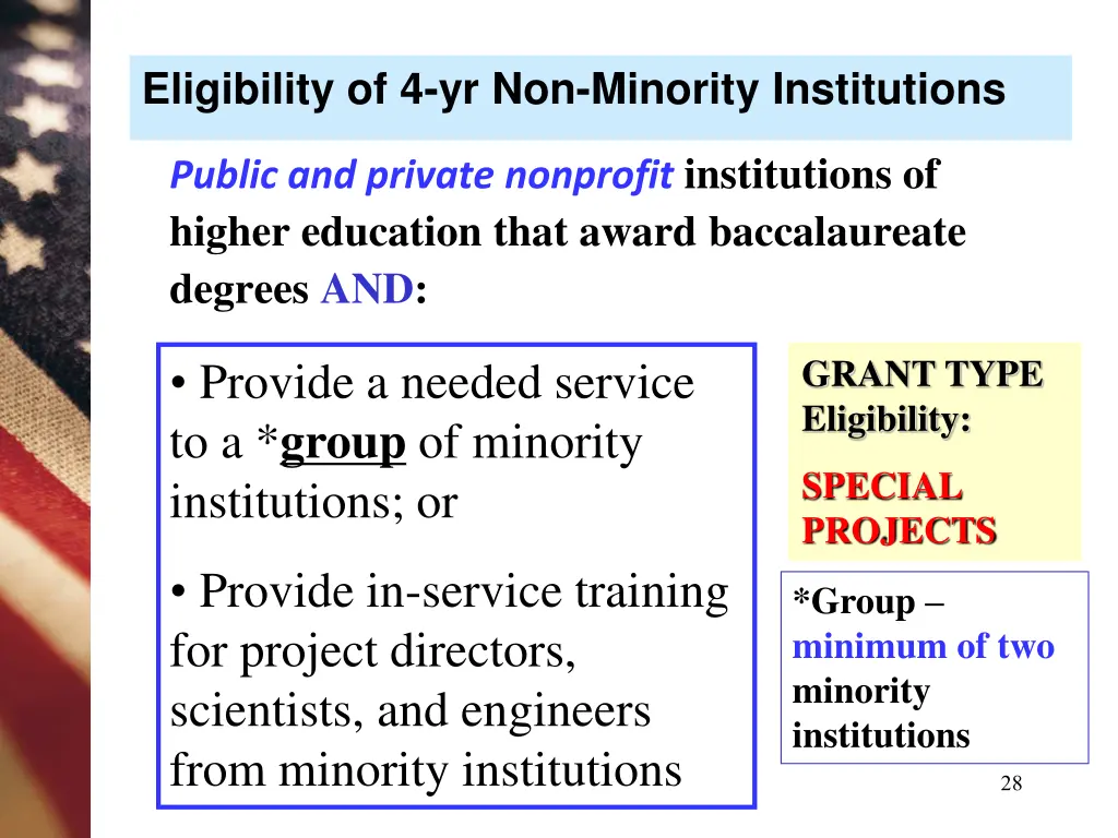 eligibility of 4 yr non minority institutions