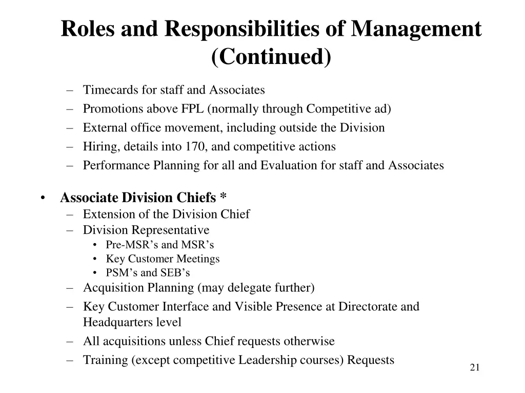 roles and responsibilities of management continued