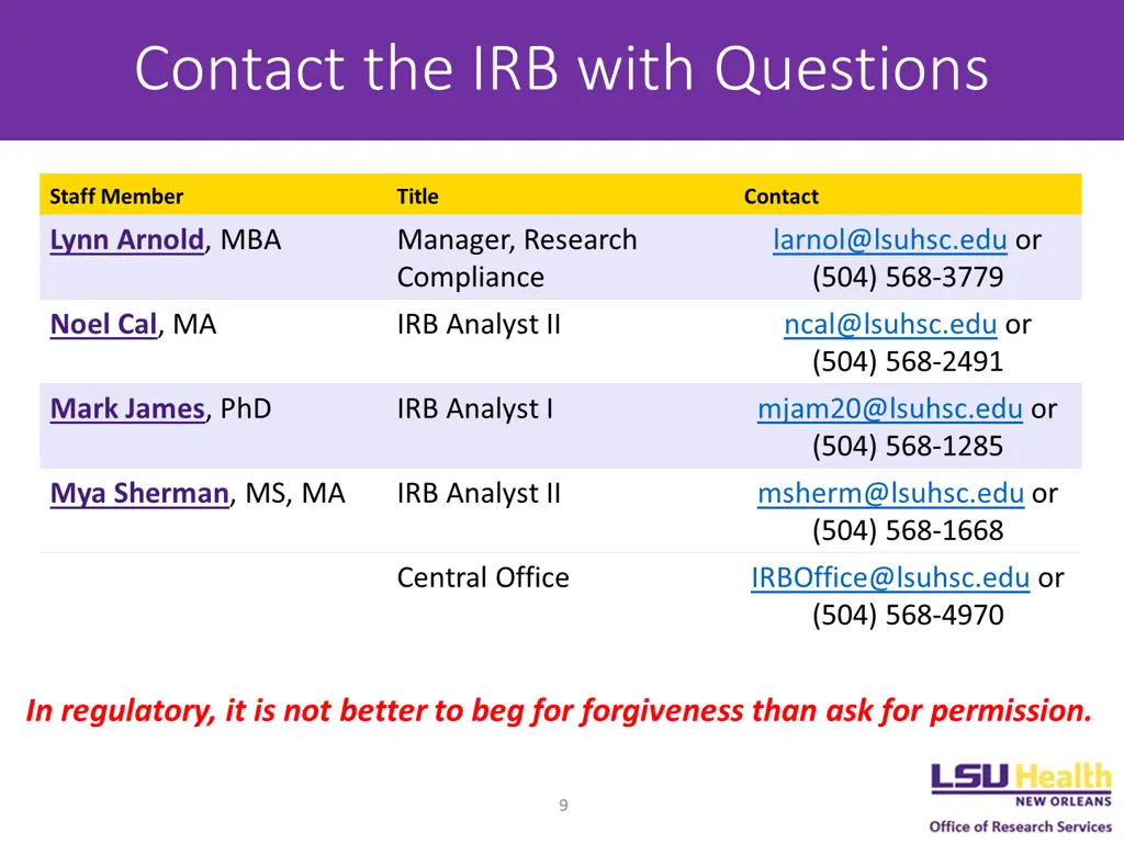 contact the irb with questions