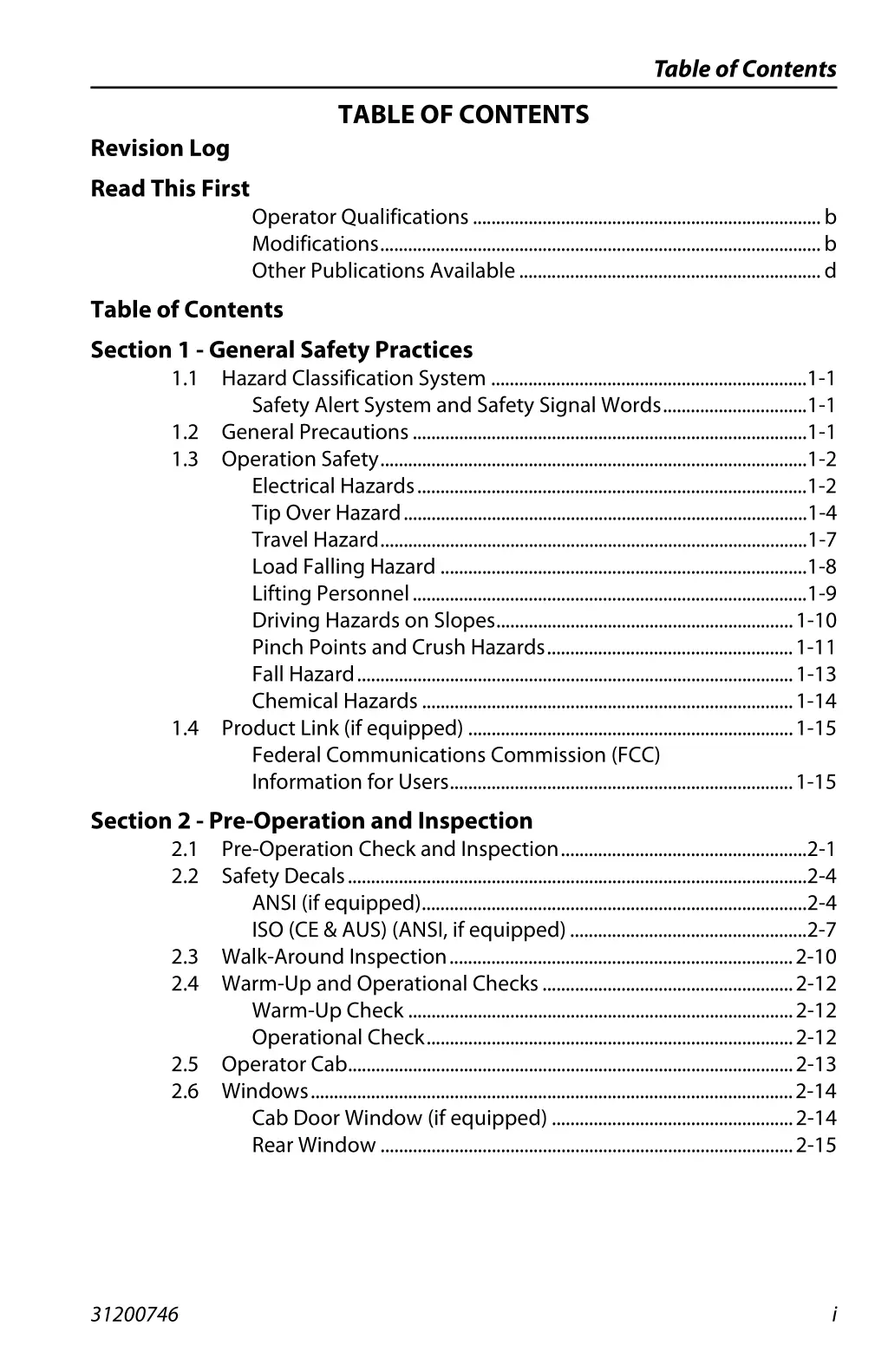 table of contents